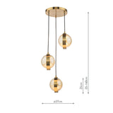 Ophira 3 Light Cluster Pendant Antique Gold and Amber Ribbed Glass