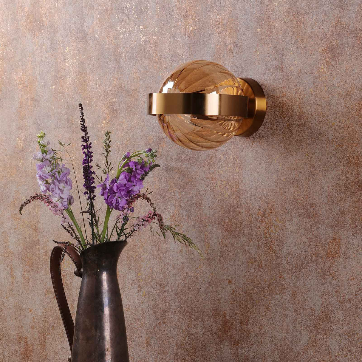 Ophira Wall Light Antique Gold and Amber Ribbed Glass