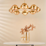 Ophira 8 Light Pendant Antique Gold and Amber Ribbed Glass