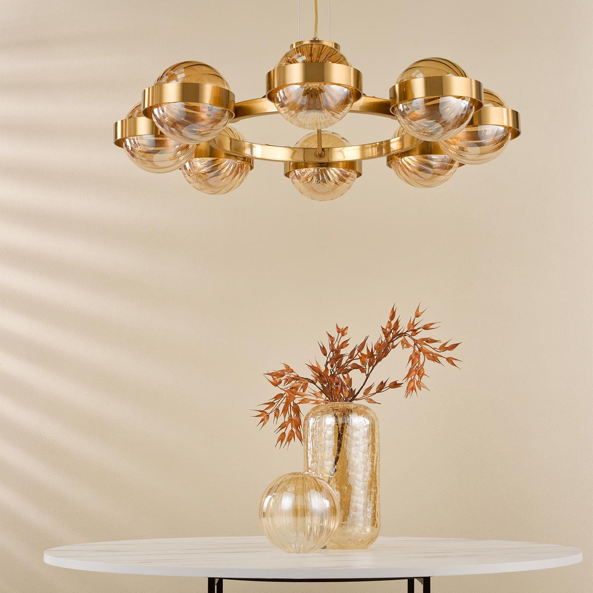 Ophira 8 Light Pendant Antique Gold and Amber Ribbed Glass