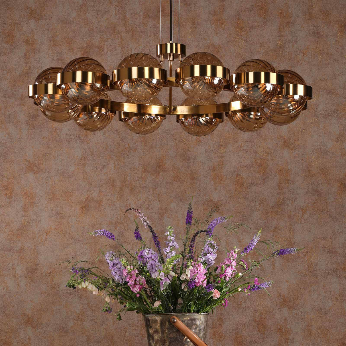 Ophira 12 Light Pendant Antique Gold and Amber Ribbed Glass