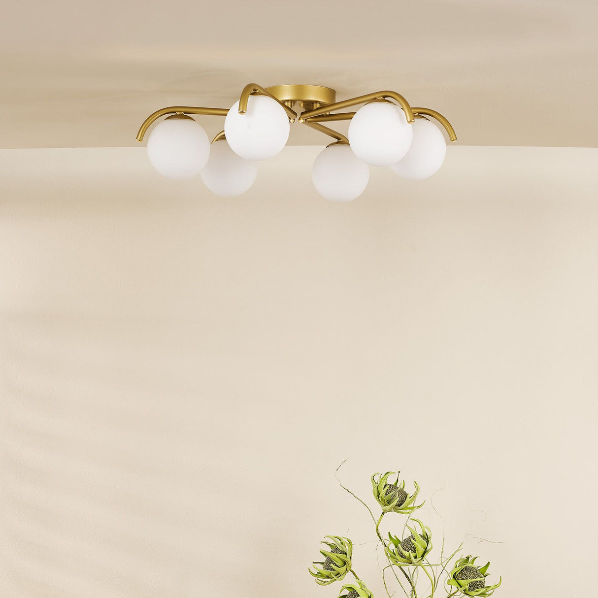Orlena 6 Light Flush Satin Gold and Opal Glass