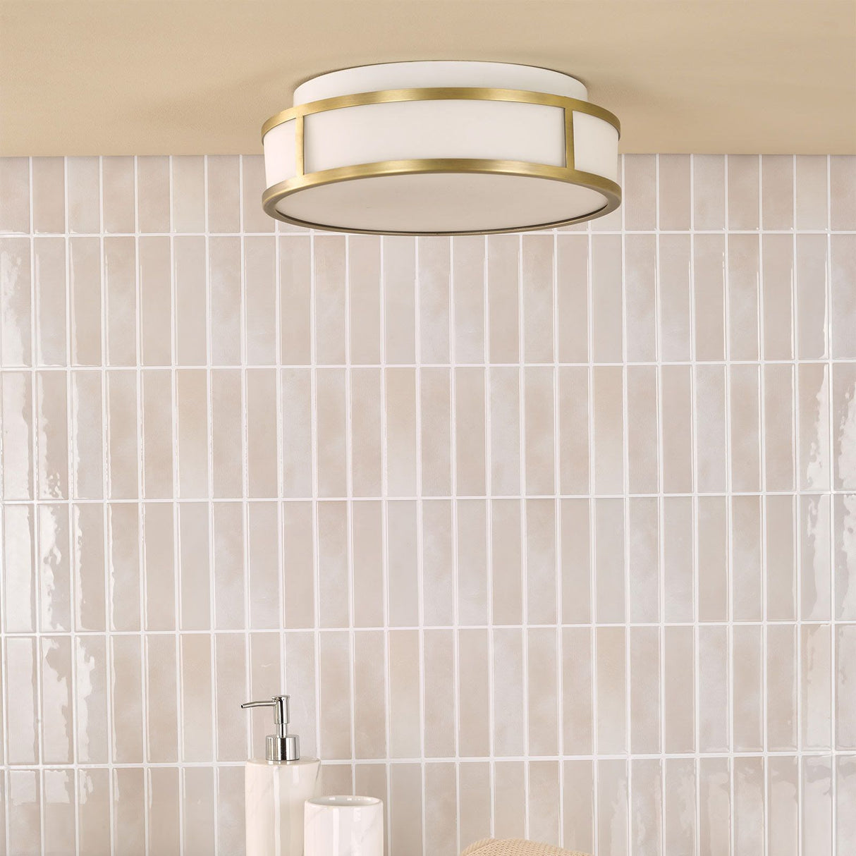 Royce 2 Light Bathroom Flush Matt Antique Brass and Opal Glass IP44