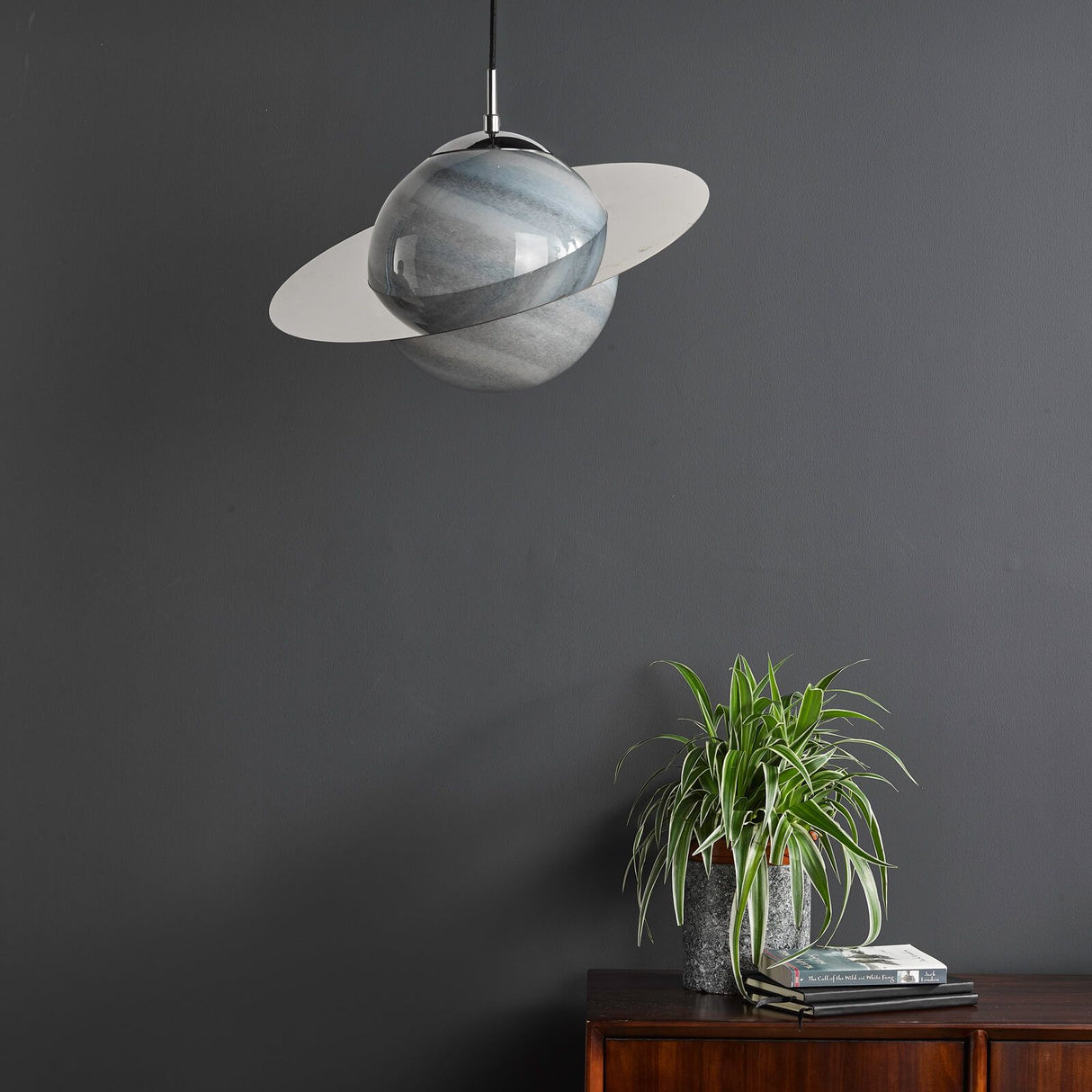 Saturn Pendant Planet Style Glass and Polished Chrome