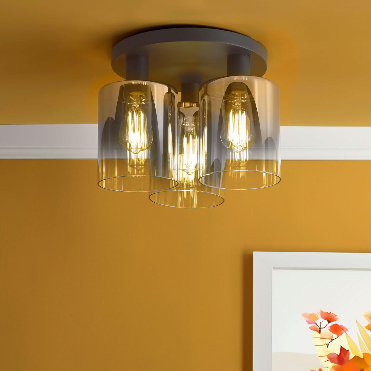 Savannah 3 Light Flush Matt Black and Smoked Glass