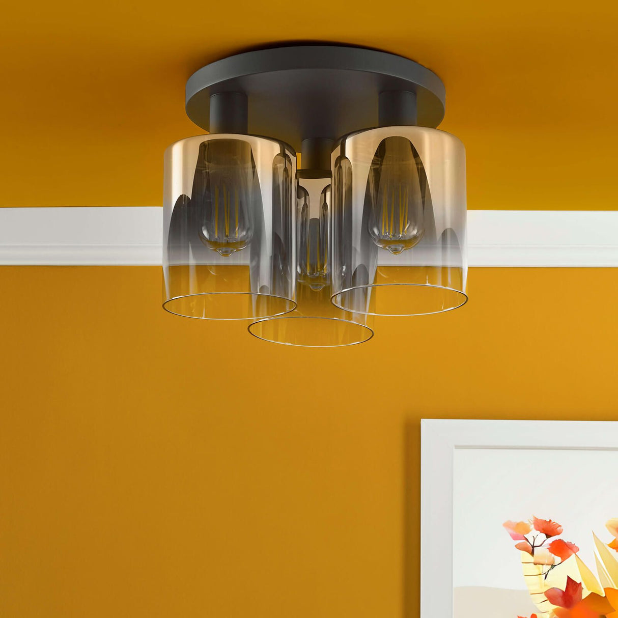 Savannah 3 Light Flush Matt Black and Smoked Glass