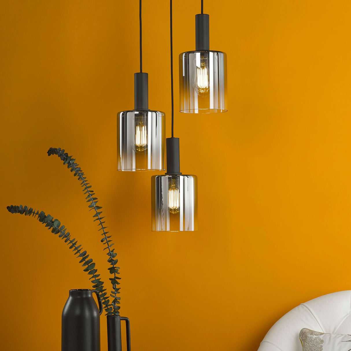 Savannah 3 Light Cluster Pendant Matt Black and Smoked Glass