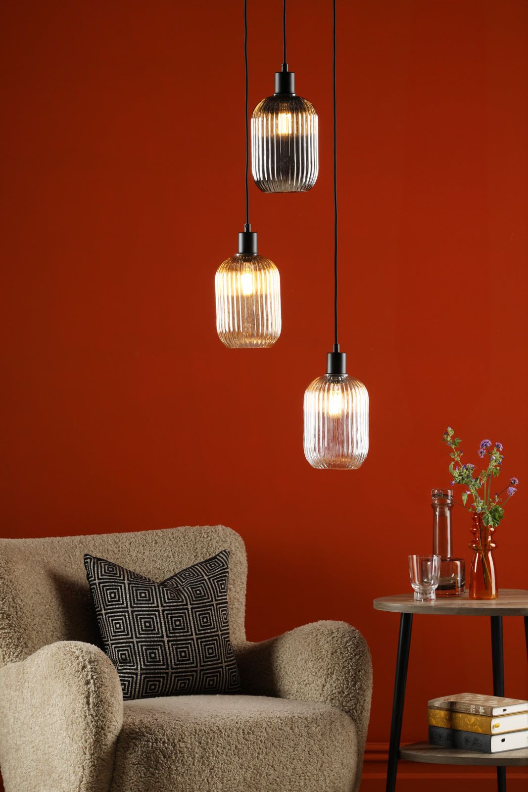 Accessories 3 Light Cluster Pendant Matt Black and Ribbed Glass