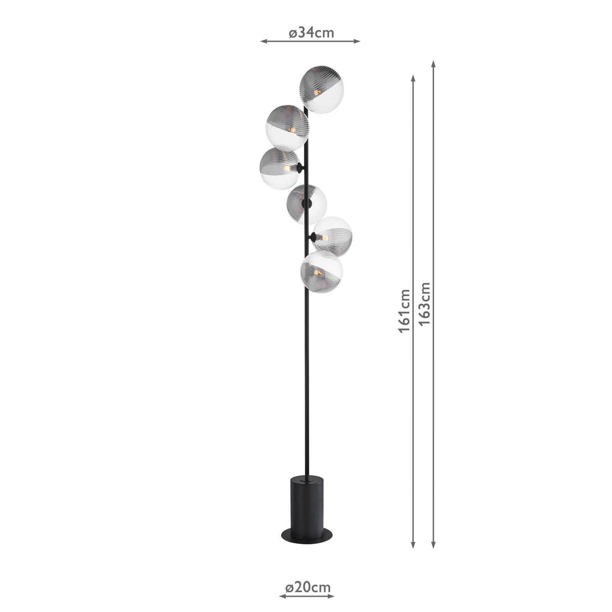 Spiral 6 Light Floor Lamp Matt Black With Smoked/Clear Ribbed Glass