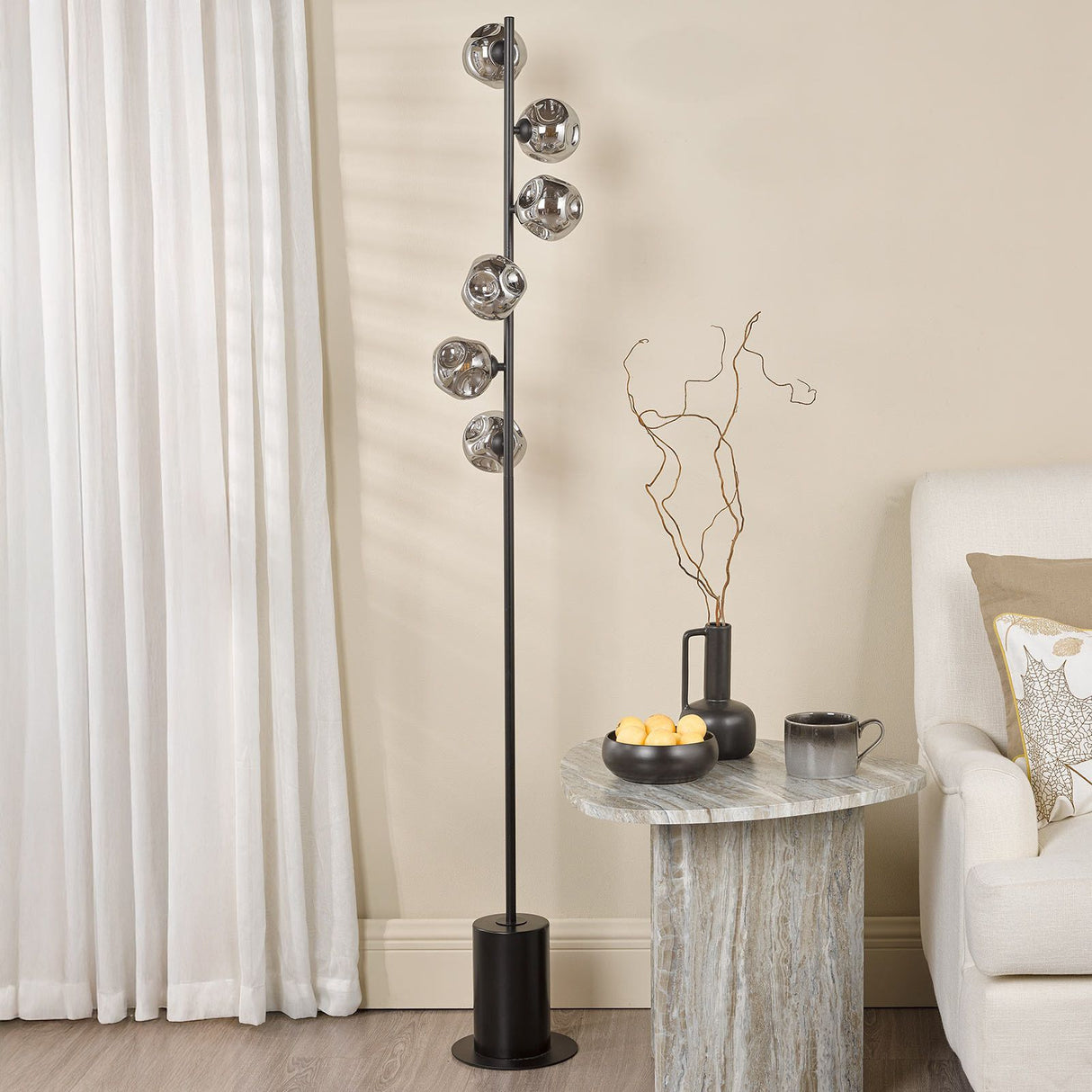 Spiral 6 Light Floor Lamp Matt Black With Closed Organic Smoked Glass