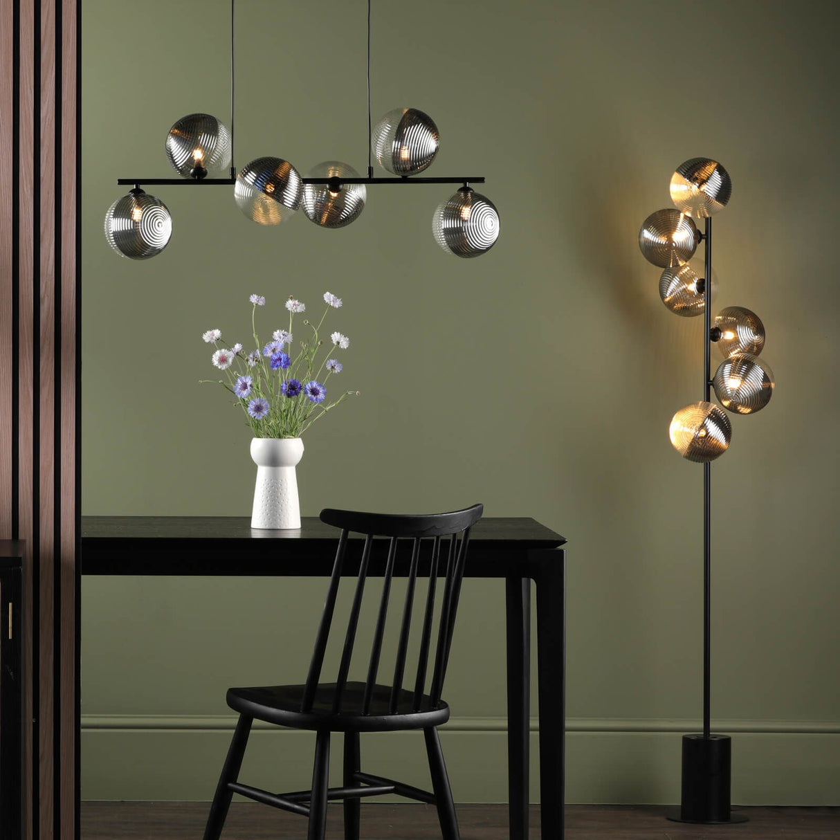 Spiral 6 Light Bar Pendant Matt Black With Smoked/Clear Ribbed Glass