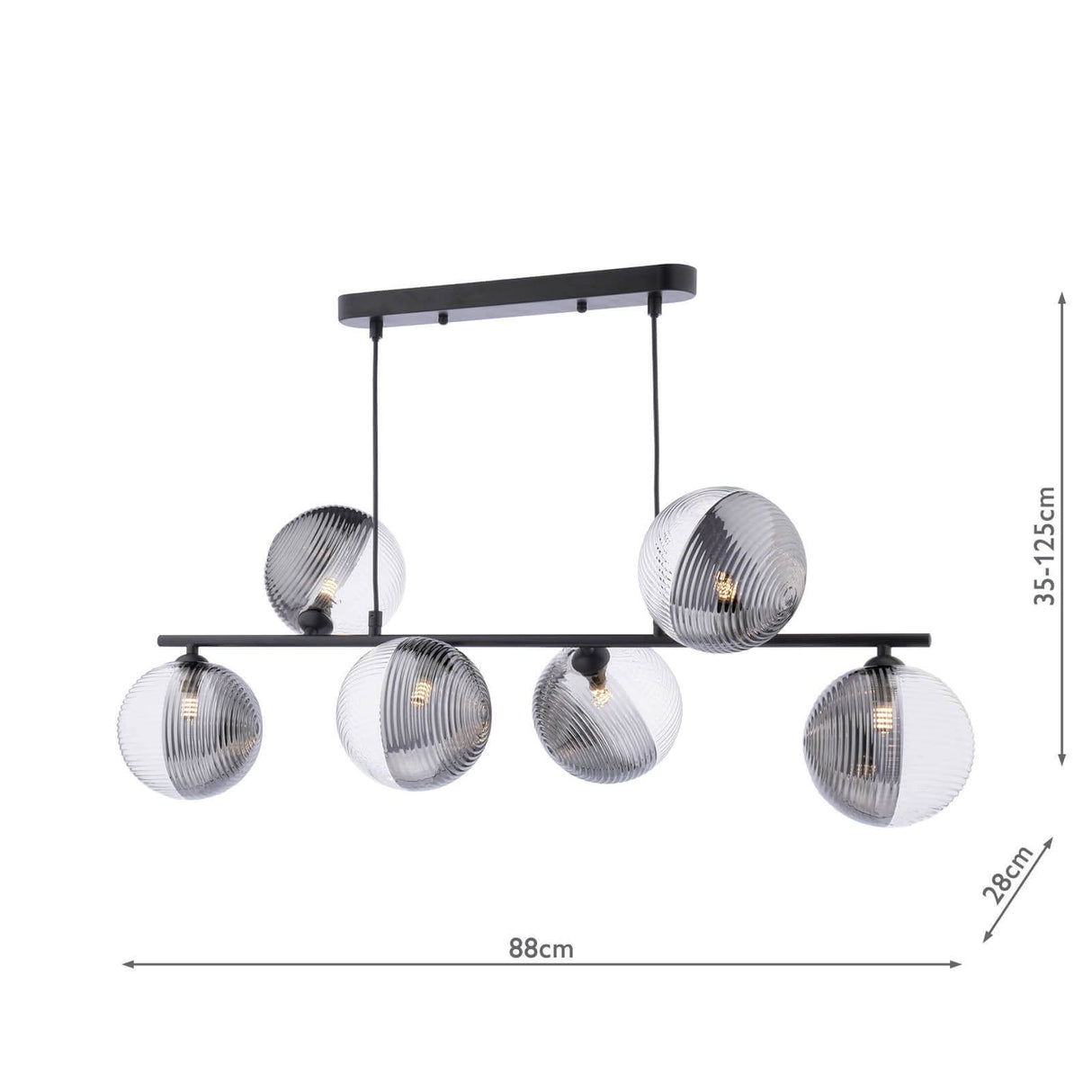 Spiral 6 Light Bar Pendant Matt Black With Smoked/Clear Ribbed Glass