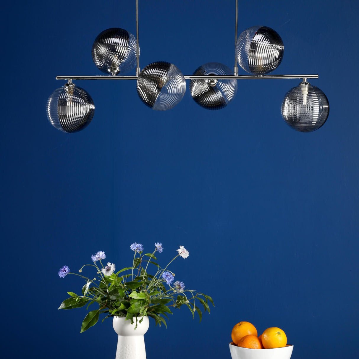 Spiral 6 Light Bar Pendant Polished Chrome With Smoked/Clear Ribbed Glass
