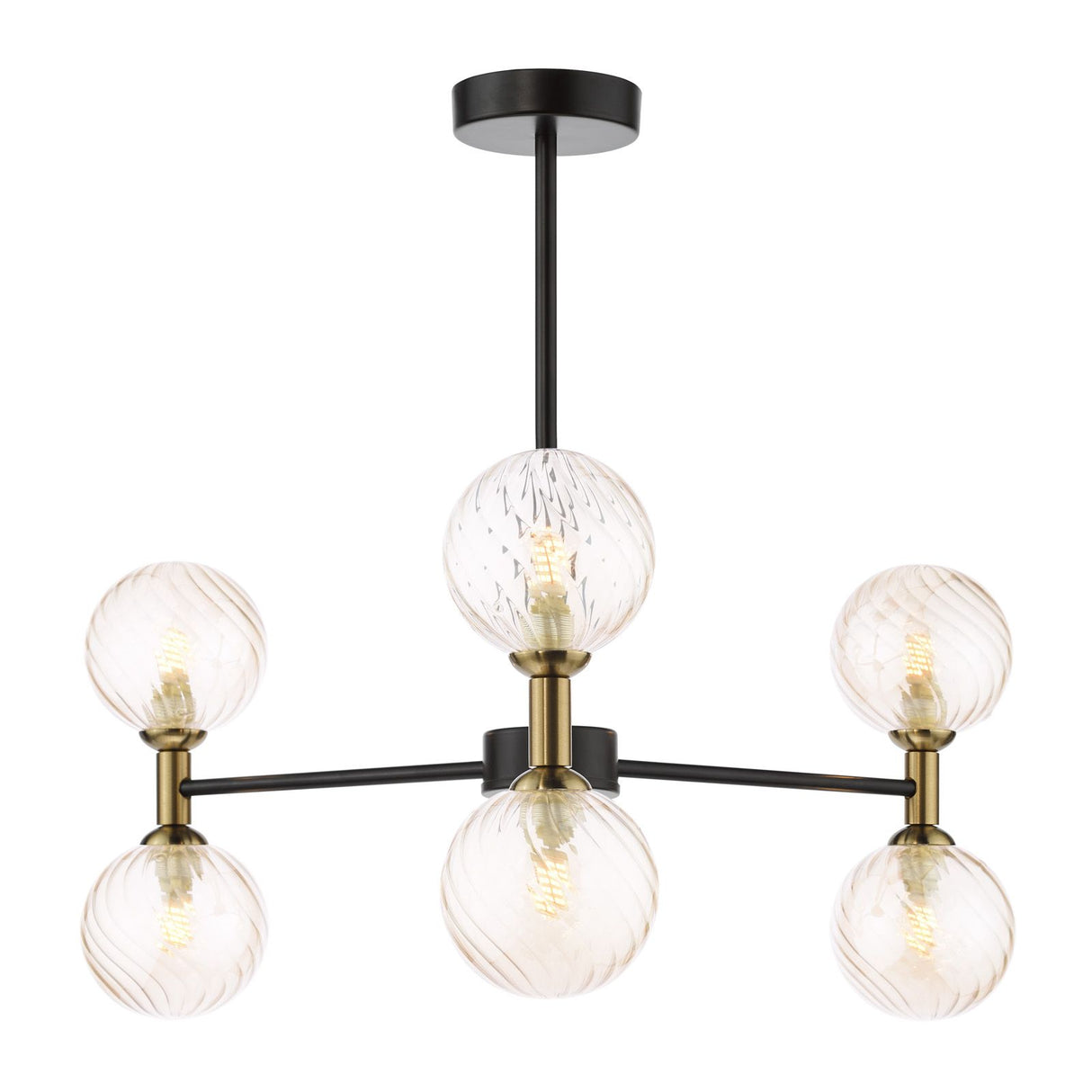Takara 6 Light Semi-Flush Matt Black and Bronze With Twisted Amber Glass