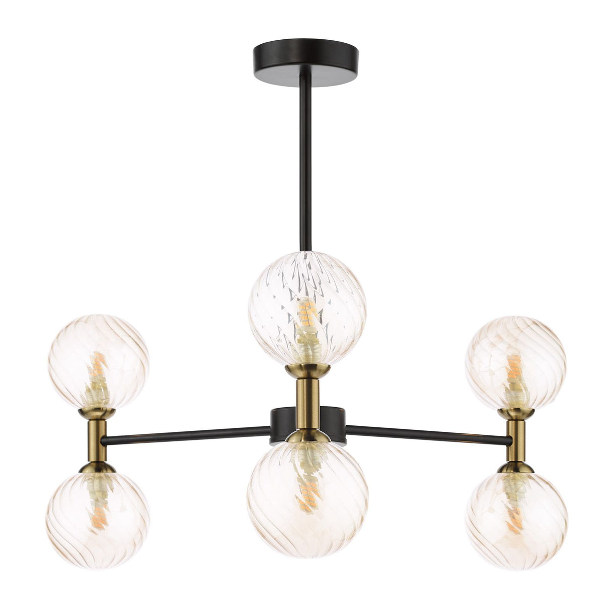Takara 6 Light Semi-Flush Matt Black and Bronze With Twisted Amber Glass