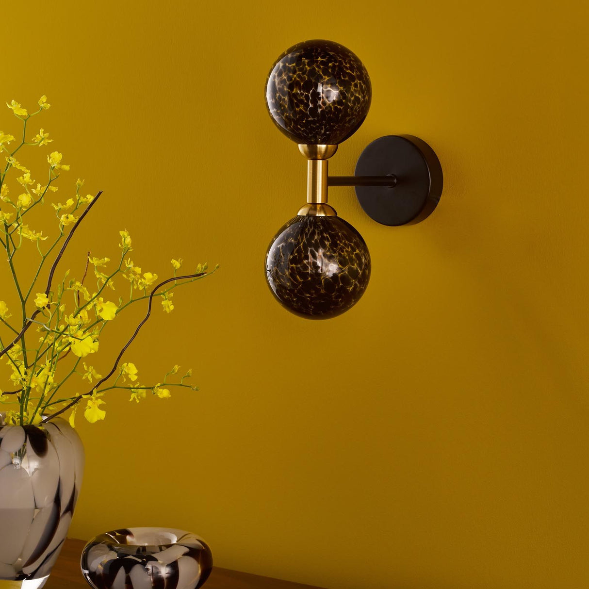 Takara 2 Light Wall Light Matt Black and Bronze With Black Confetti Glass