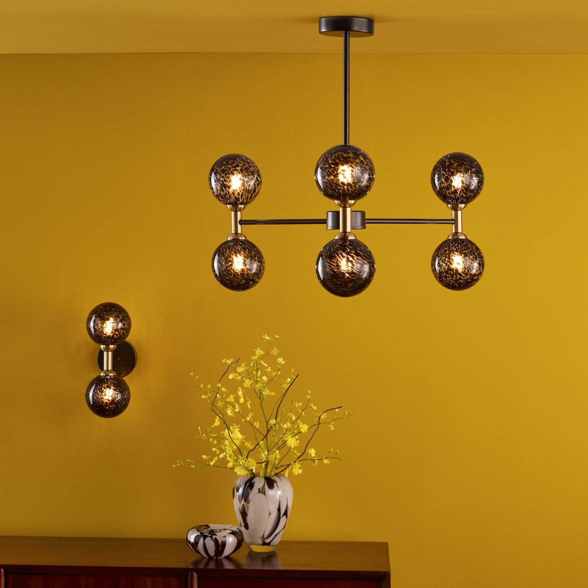 Takara 2 Light Wall Light Matt Black and Bronze With Black Confetti Glass