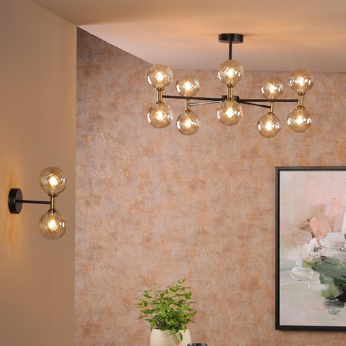 Takara 10 Light Semi-Flush Matt Black and Bronze With Twisted Amber Glass