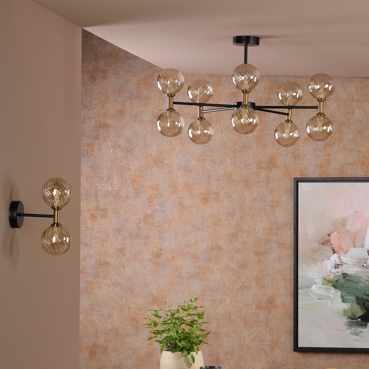 Takara 10 Light Semi-Flush Matt Black and Bronze With Twisted Amber Glass