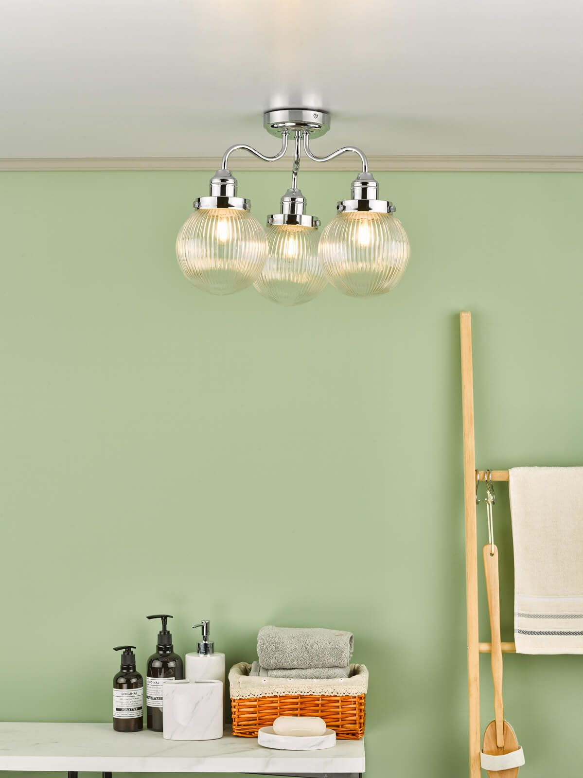 Tamara 3 Light Bathroom Semi Flush Polished Chrome Ribbed Glass IP44