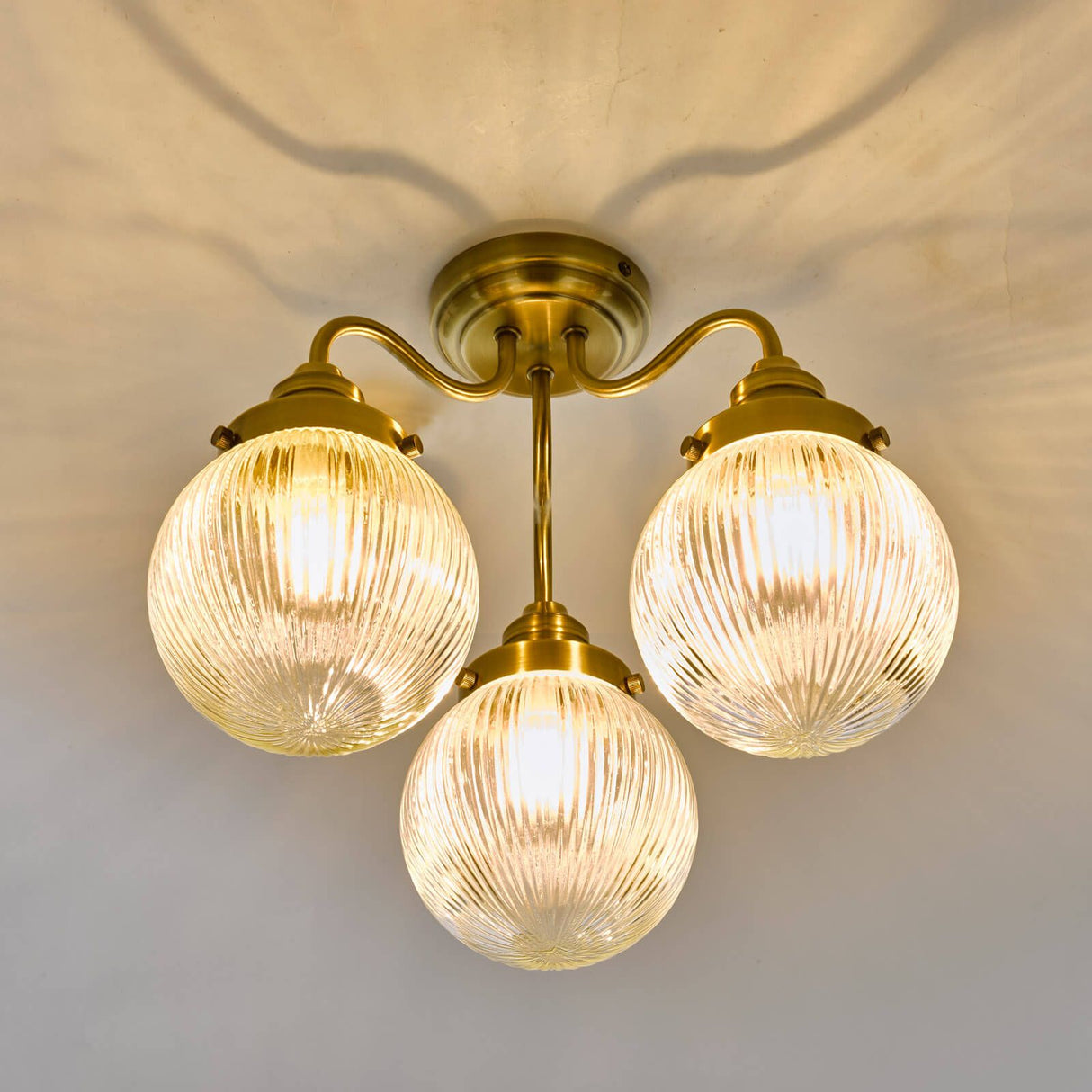 Tamara 3 Light Bathroom Semi Flush Antique Brass Ribbed Glass IP44