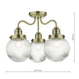 Tamara 3 Light Bathroom Semi Flush Antique Brass Ribbed Glass IP44