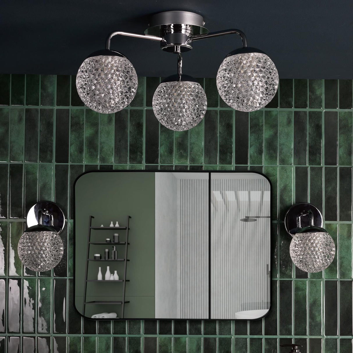 Teva 3 Light Semi-Flush Polished Chrome and Faceted Acrylic IP44