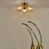 Ulrika 3 Light Flush Antique Brass and Amber Glass