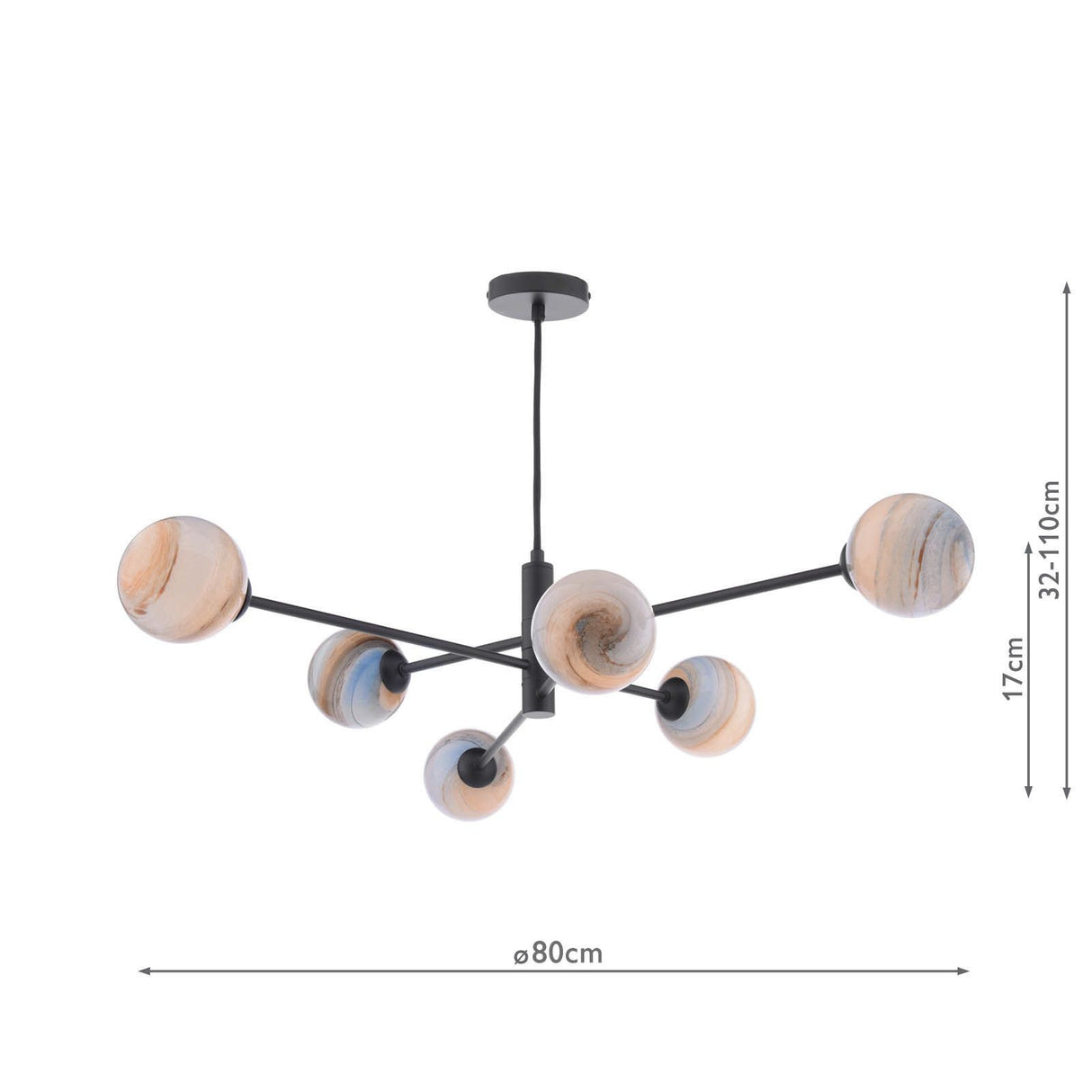 Vignette 6 Light Pendant Matt Black With Planet Style Glass