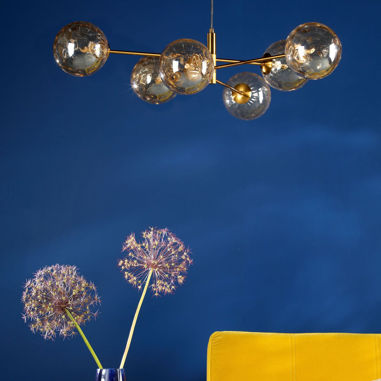 Vignette 6 Light Pendant Aged Brass With Amber Dimpled Glass