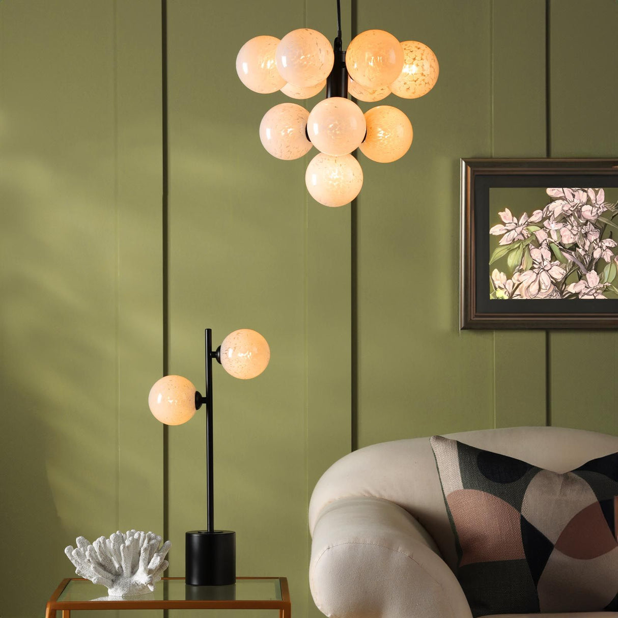 Vine 10 Light Pendant Satin Black With White Confetti Glass