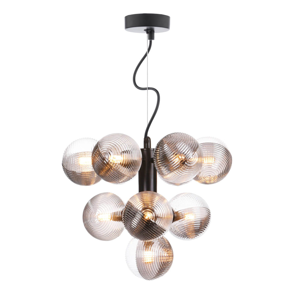Vine 10 Light Pendant Satin Black With Smoked/Clear Ribbed Glass