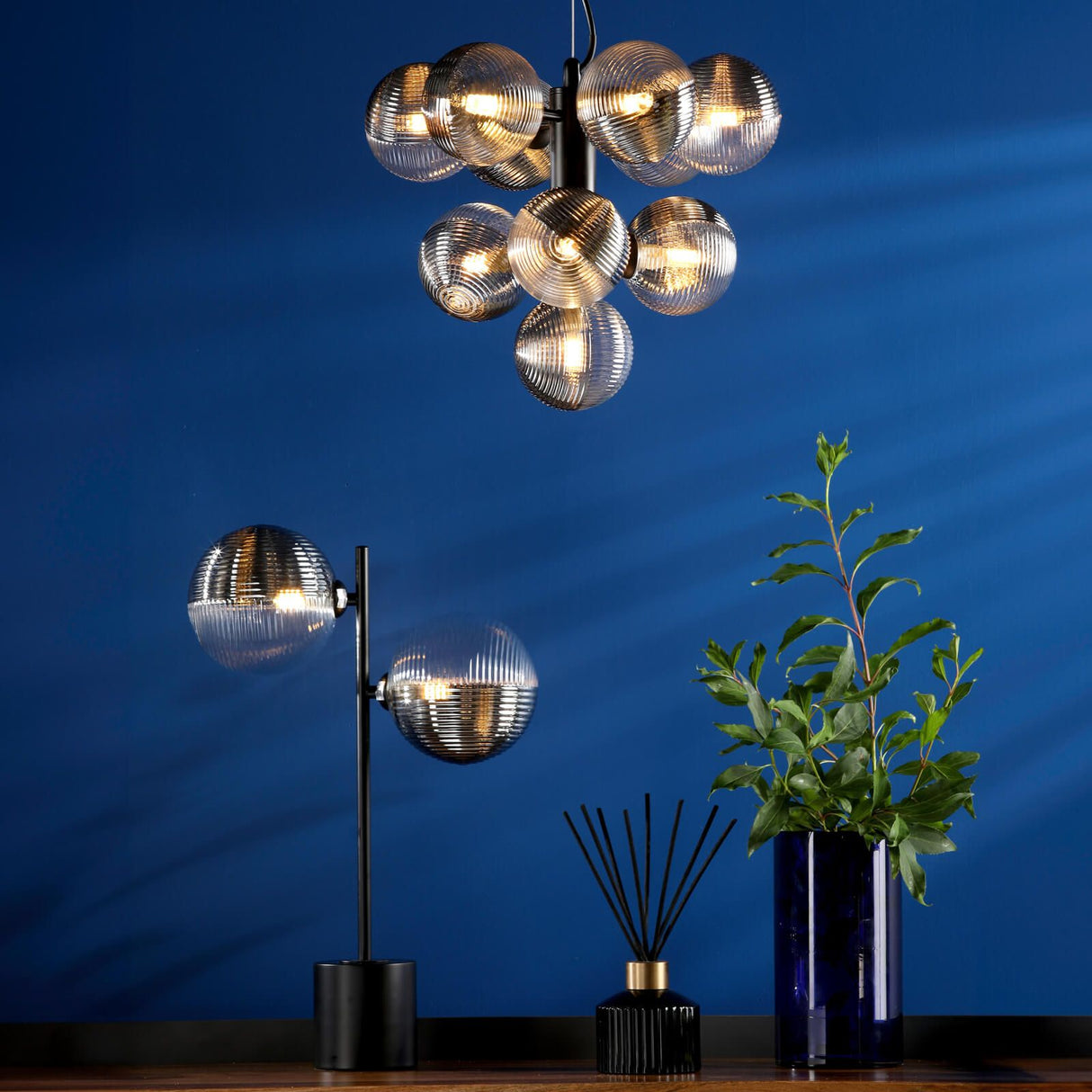 Vine 10 Light Pendant Satin Black With Smoked/Clear Ribbed Glass