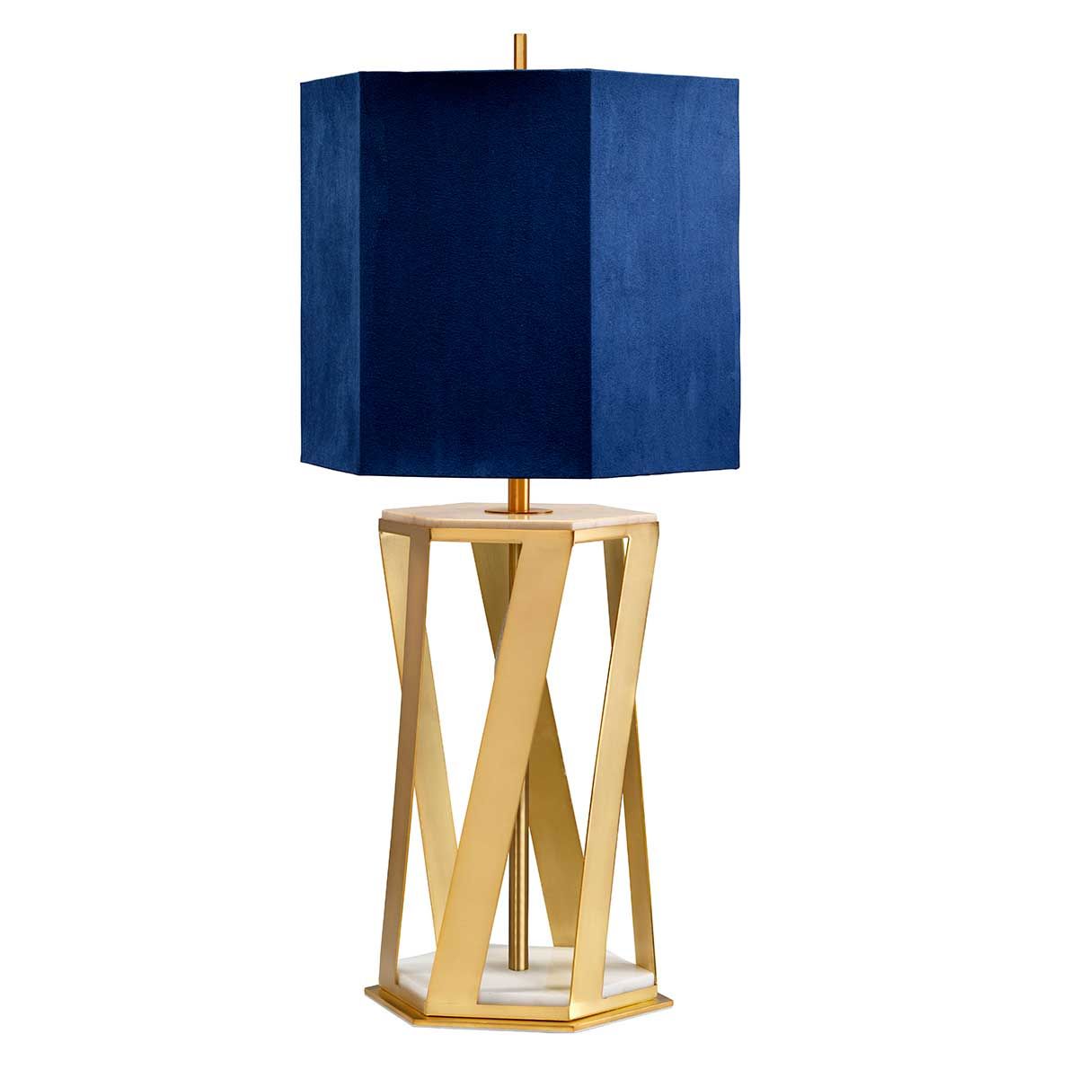 Apollo Brushed Brass Table Lamp with Navy Hexagonal Shade