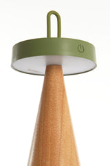 Elegant Olive Green LED Table Lamp with Natural Wood Base, 13x28.5 cm