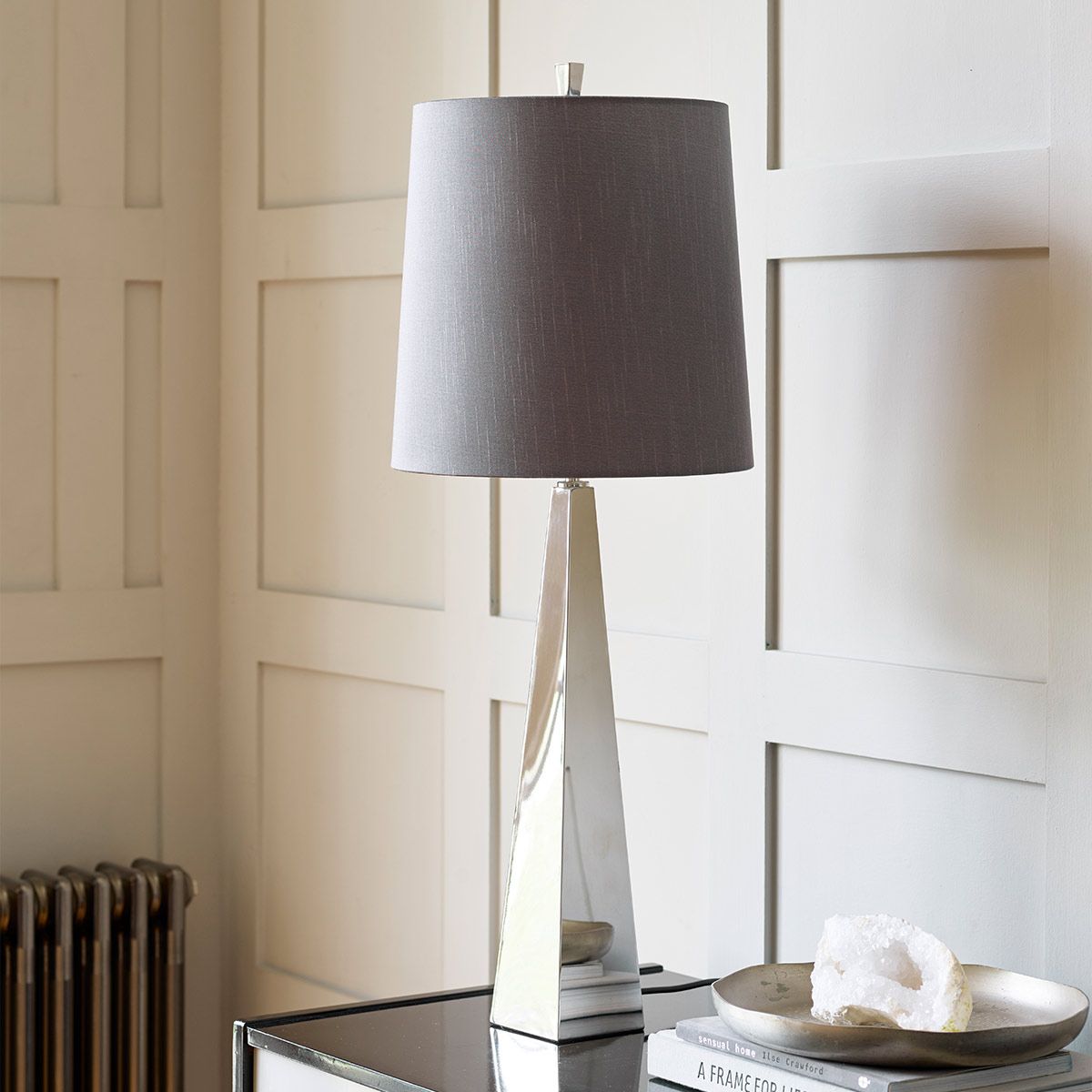 Polished Nickel Tapered Table Lamp with Dark Grey Silk Shade