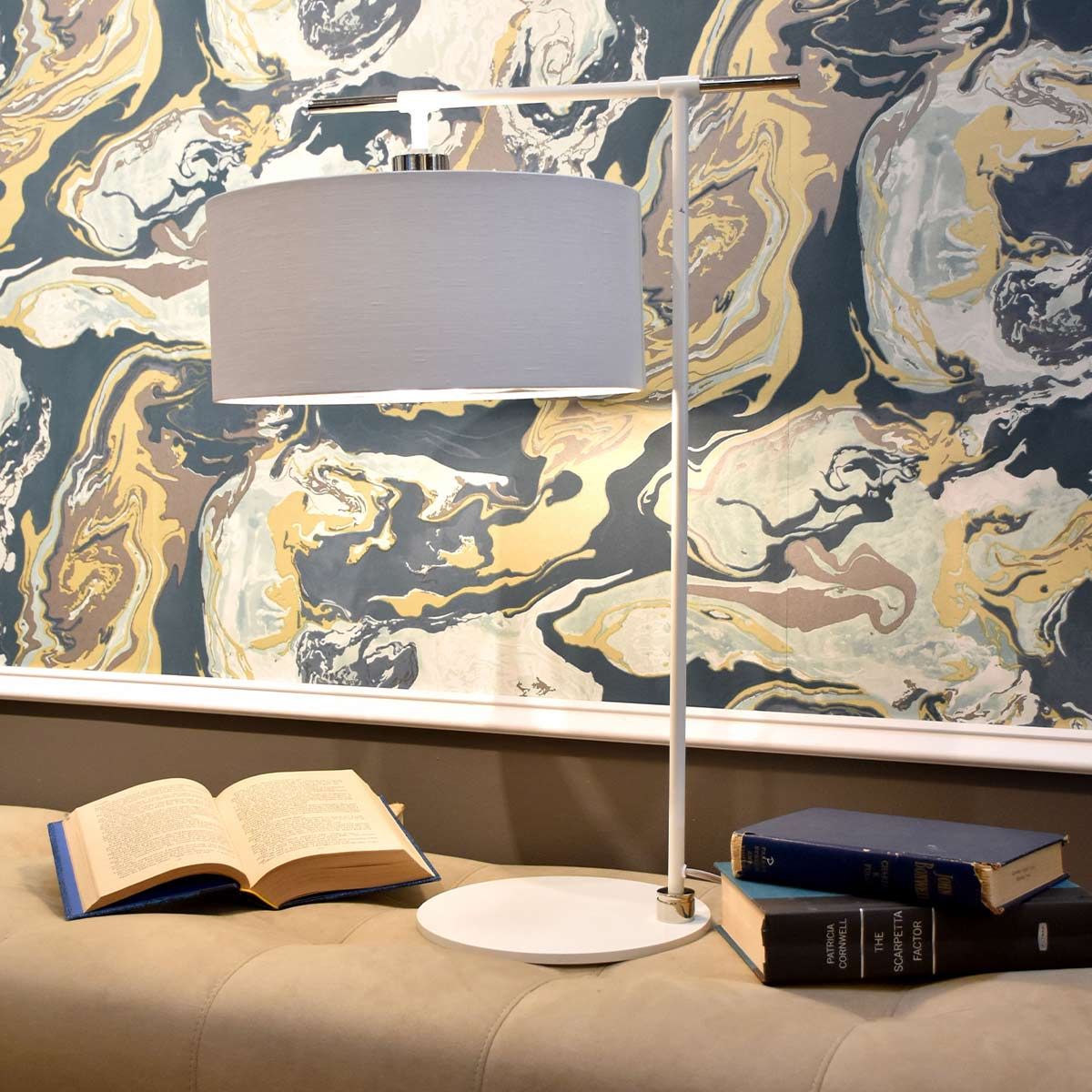 Contemporary White and Polished Nickel Table Lamp