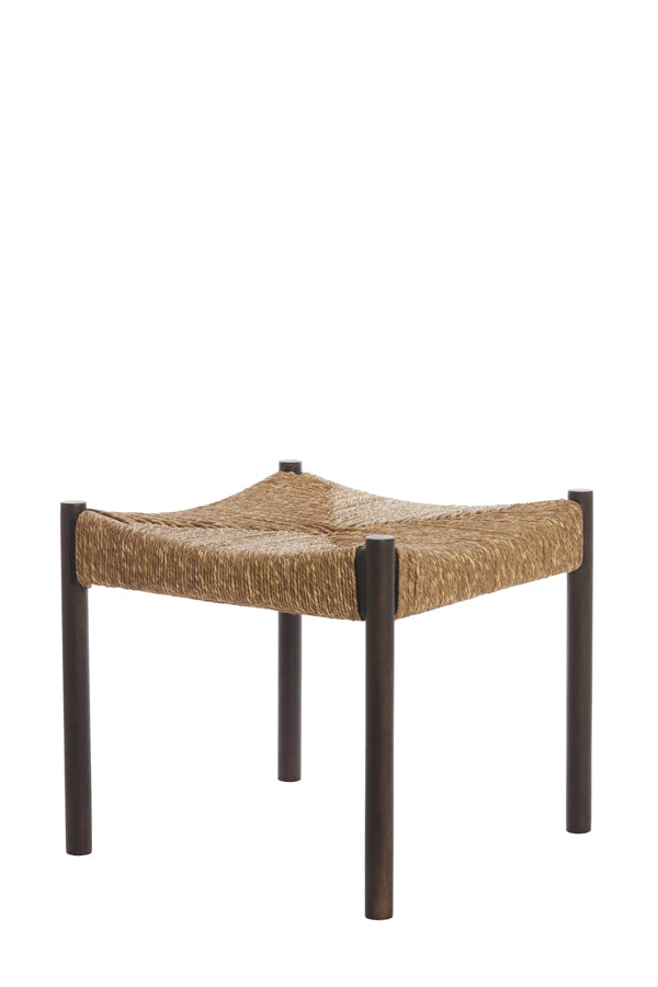 Rustic Delis Wooden Stool with Seagrass Accent, 44x44x40 cm, Dark Brown Finish