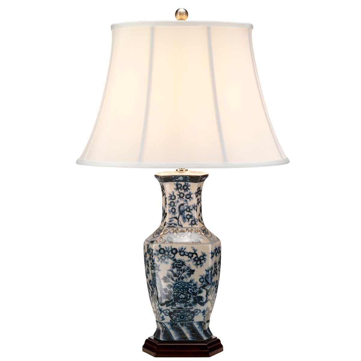Hexagonal Floral Porcelain Table Lamp with White Empire Shade