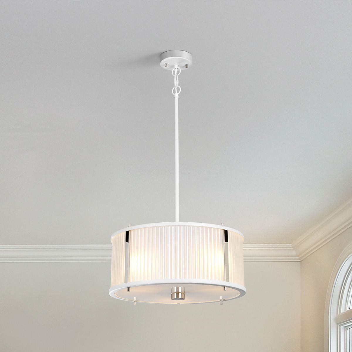 Contemporary 3-Light Pendant in White Satin and Polished Nickel Finish