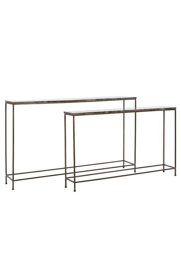 Set of 2 Console Tables in Brown Marble and Wood - Sizes 120x21x72 & 140x25x82 cm