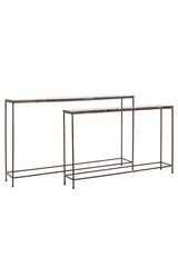 Set of 2 Console Tables in Brown Marble and Wood - Sizes 120x21x72 & 140x25x82 cm