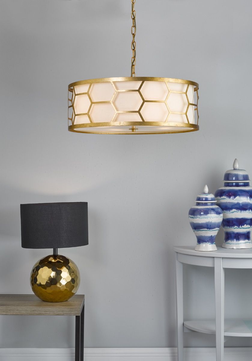 Epstein 4 Light Pendant Gold With Ivory Shade & Glass Diffuser