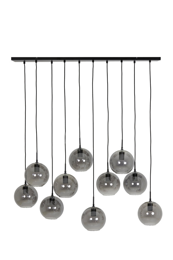 Contemporary 10-Light Pendant in Matte Black with Smoked Glass Orbs
