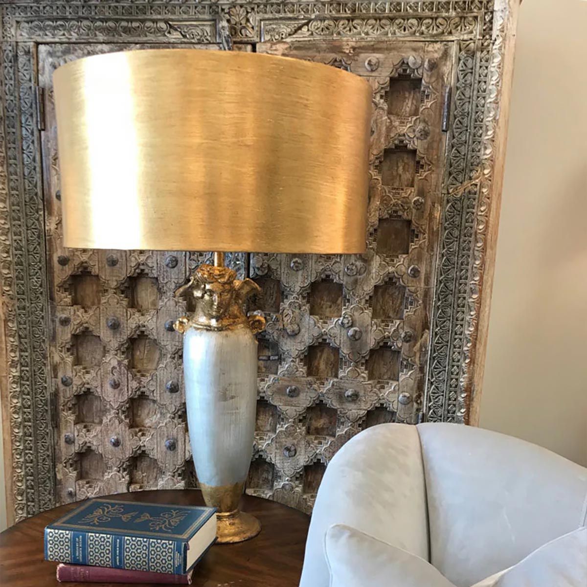 Bienville Vintage-Inspired Table Lamp with Dual-Tone Metallic Finish and Oversized Drum Shade