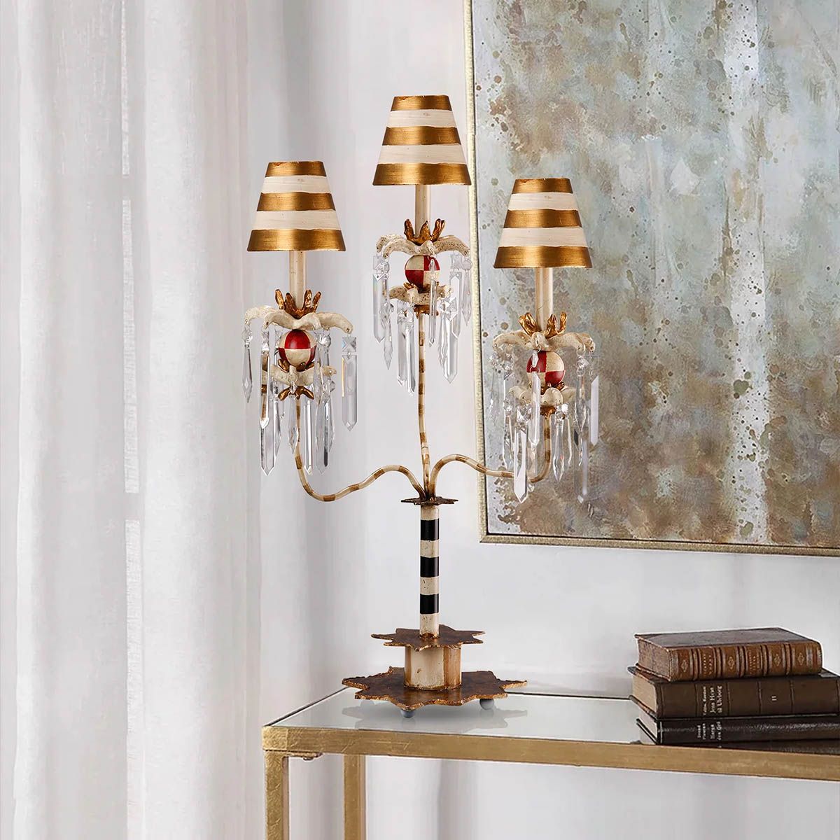 Elegance in Stripes: Birdland 3-Arm Table Lamp with Crystal Accents