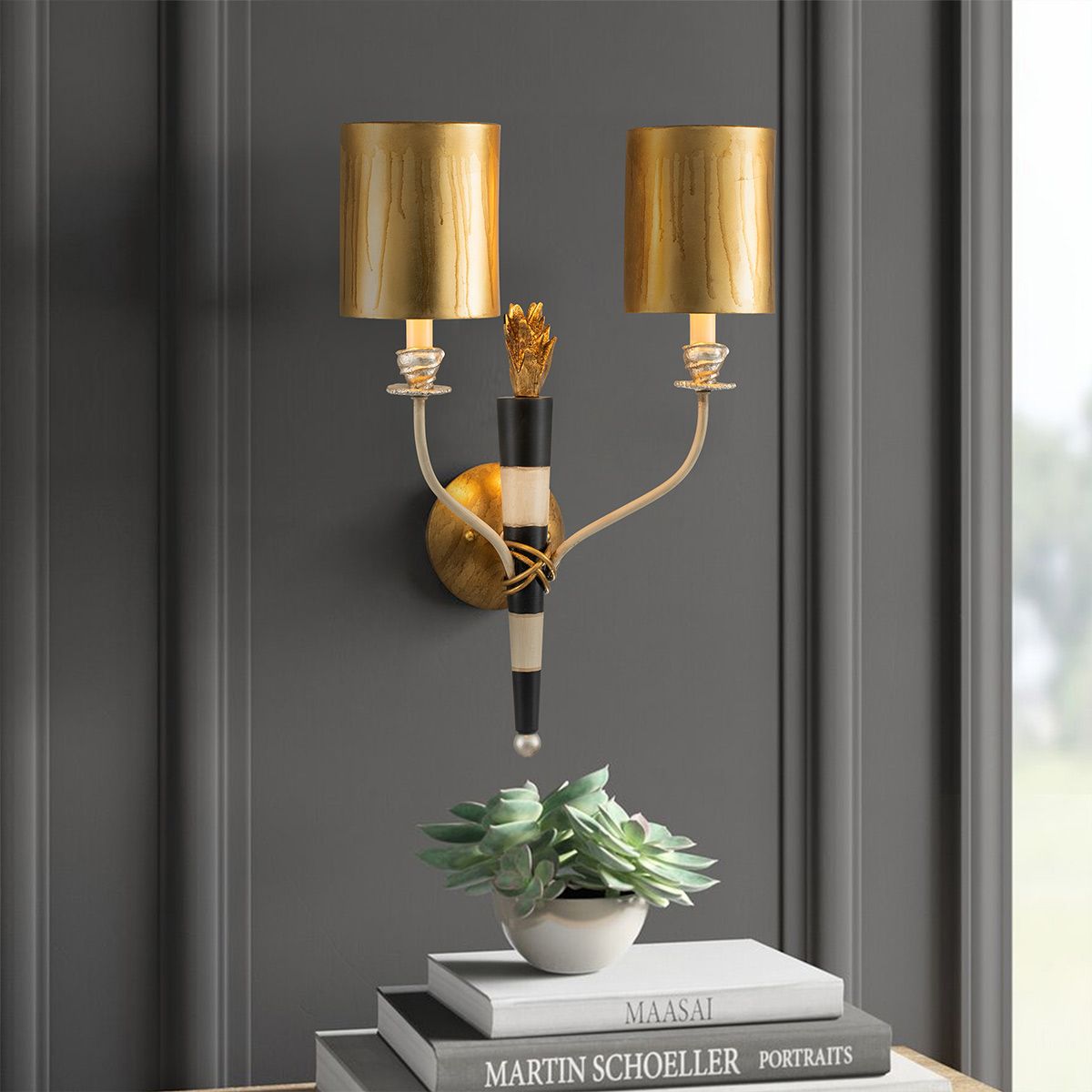 Zebra Striped Wall Light with Gold Cylindrical Shades