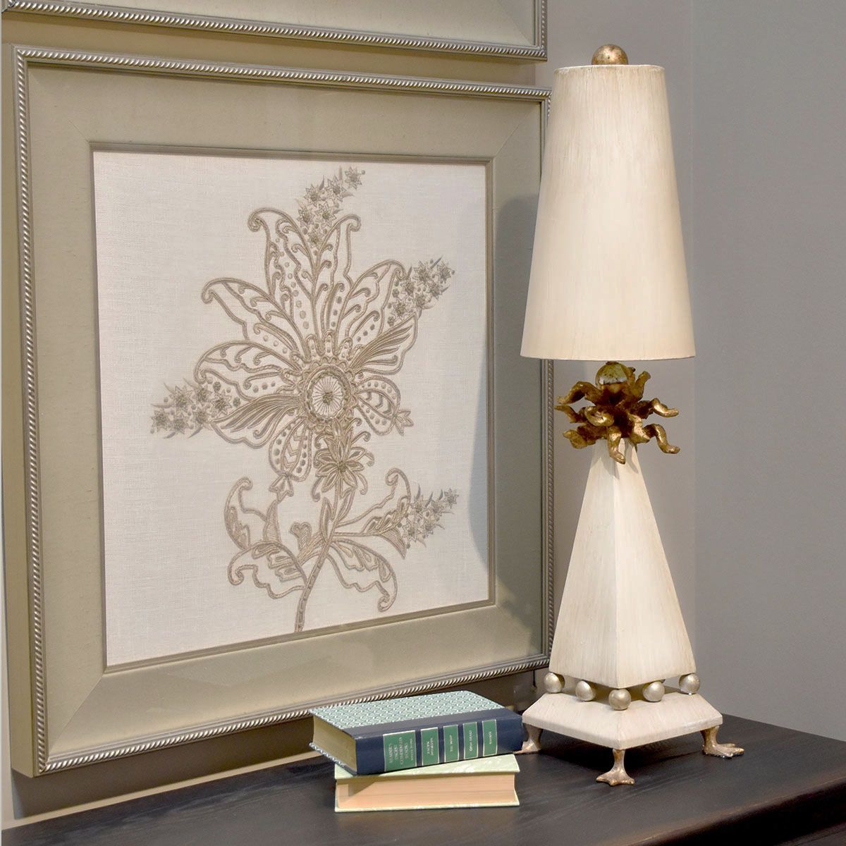 Leda Table Lamp with Cream Patina and Gold Leaf Accents - Shade Included