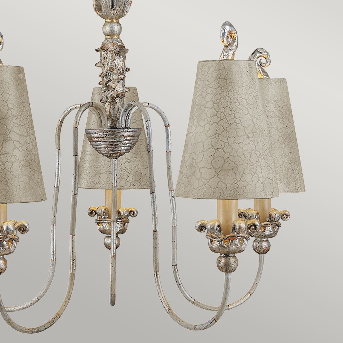 Remi Ornate Gothic Chandelier in Silver with Ivory and Crackle Shades