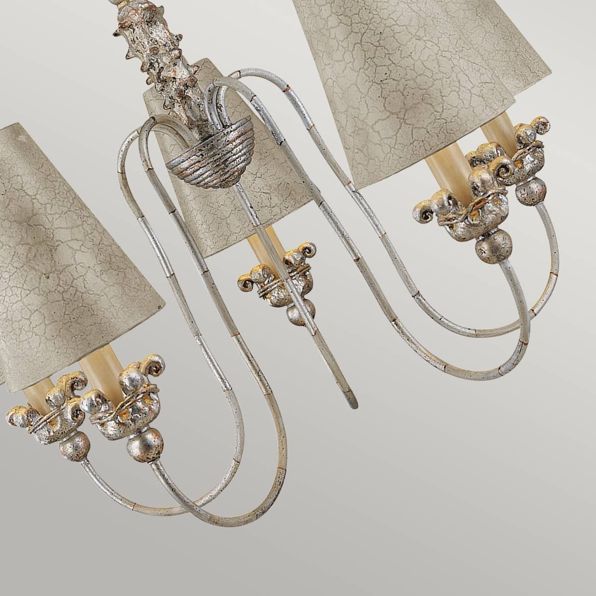 Remi Ornate Gothic Chandelier in Silver with Ivory and Crackle Shades